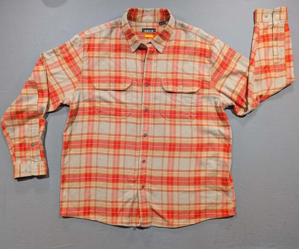 Orvis Active Fit Flannel Shirt Size XL Orange Plaid Button Down Long Sleeve